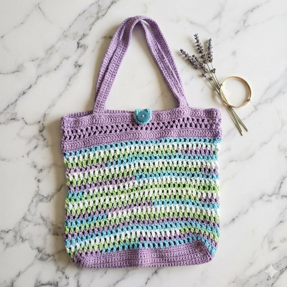 Colorful Handmade Crochet Tote Bag – Pastel Stripes – Button Closure